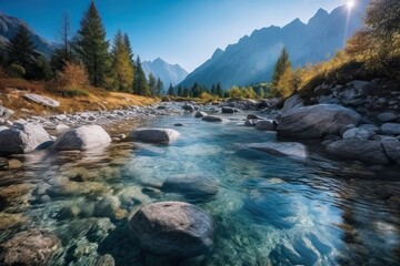 Beautiful Nature Landscape: Travel to the Blue Mountains and Valleys of 8K HD with a River Leak: Generative AI