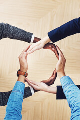 Poster - Above, recycling or hands of business people in circle for motivation, support or sustainability in office. Teamwork, recycle or employees for sustainable goals, community help or partnership group