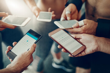 Group, hands and phone screen for fitness app, communication and internet connection. Men and women together with tech for website ux, cloud and networking or social media for exercise goals