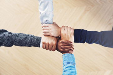 Poster - Team building, link or hands of business people with diversity for community support or teamwork in office. Zoom, above or group of employees with joint mission, trust or hope for goals together