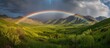 Full rainbow appears over a green valley. Generative AI