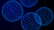 Abstract spheres with connected dots and lines. Illustration with elements of viruses, bacteria on a dark background. 3d