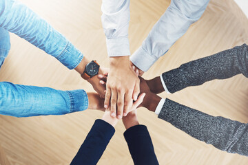 Fototapete - Plan, mission or hands of business people in support for faith, teamwork or partnership in office. Diversity or above of employees in group collaboration with hope or strategy for goals together