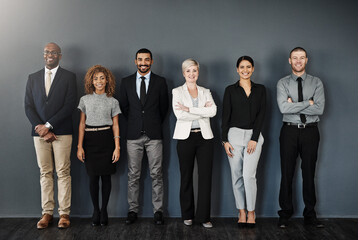 Aufkleber - Diversity, smile and portrait of business people in studio for support, community and teamwork. Happy, collaboration and professional with employees and wall background for motivation and mission