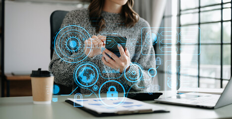 Wall Mural - cyber security data protection business working on compute intelligenc digital tablet global network