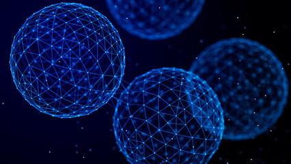 Poster - Abstract spheres with connected dots and lines. Illustration with elements of viruses, bacteria on a dark background. 3d