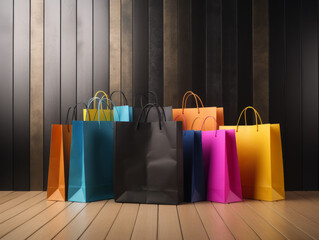 Wall Mural - brightly colored paper bags arranged on the floor, representing the excitement and indulgence of shopping during Black Friday.. Generative AI Technology.