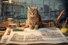 Cat Sketching A Blueprint For House Construction, Conveying The Idea Of Creativity, Design And Problem-solving. Generative AI Technology.
