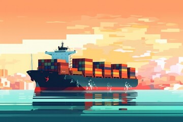 Poster - cargo container ship gliding through the ocean, technology driven freight shipping