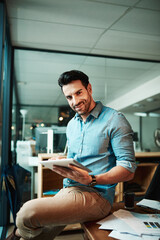 Canvas Print - Portrait of happy man, tablet and office for planning, data update and internet research in business. Young male employee, digital technology and strategy for online information, insight and iot app