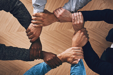 Poster - Solidarity, holding or hands of business people with diversity for group support or teamwork in office. Community, link or above group of employees with mission or team building for goals together
