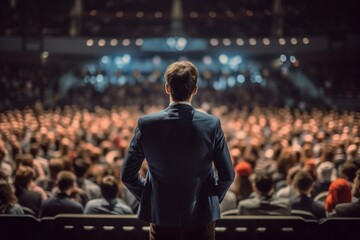 In the conference hall, speaker presentations at Business Conference, blurred people background