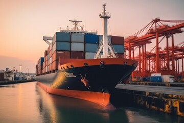 Poster - international fright shipping terminal port, loading containers onto cargo ship, trade logistics