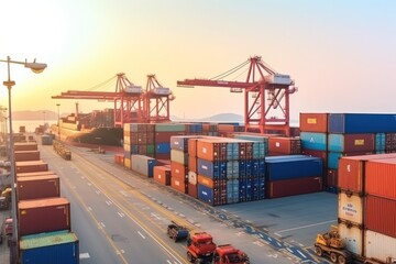 Poster - aerial view, shipping container port terminal, colorful containers in the harbor