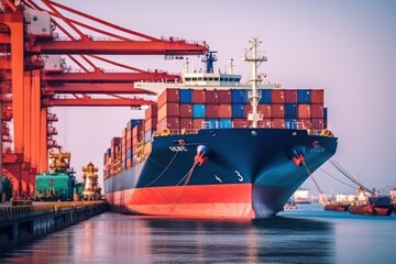 Poster - dynamic scene of a sea port, where a container ship loading containers. freight transportation