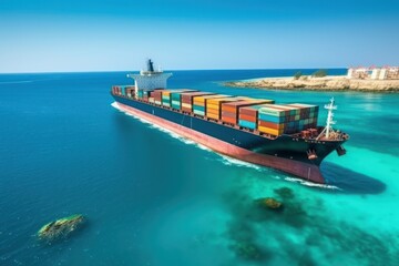 Poster - open sea, container ship elegantly carrying containers, logistic and transportation processes