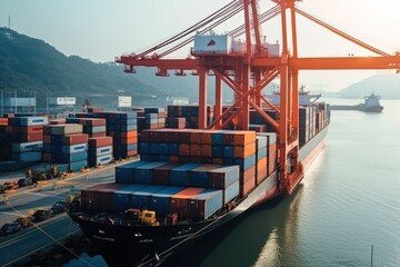 Poster - international trade container terminal port, crane loads cargo containers onto freight ship