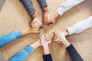 Poster - Above, teamwork or business people holding hands for support, team building or community in office. Motivation, trust or employees in group collaboration with diversity or mission for goals together