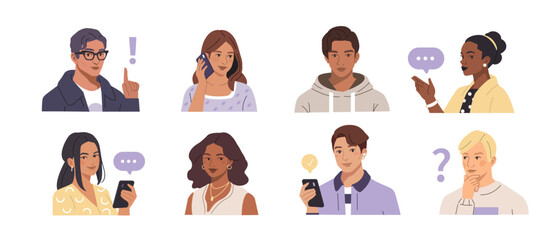 Poster - people portraits illustration set. young female and male faces. diverse modern characters wearing ca