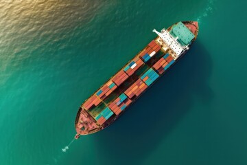 Poster - container cargo ship sailing through open sea, international trade, import export, global logistics