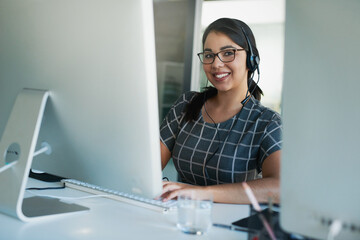 Aufkleber - Call center, computer and consulting with portrait of woman in office for customer support, advisory and online. Technology, internet and receptionist with employee for contact us and communication
