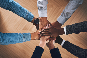 Aufkleber - Diversity, faith or hands of business people in support for love, teamwork or community strategy in office. Closeup, above or employees in group collaboration with hope or mission for goals together