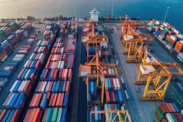 Poster - industrial port container ships, import export business logistics and international transportation