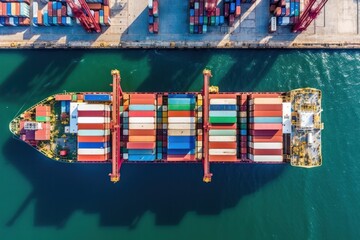 Poster - aerial view panoramic sight of industrial port, container cargo ship commercial trade, logistics