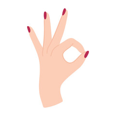 Elegant female hand with a sign approx. Okay gesture. Arm with wrist and fingers of a white woman. Non-verbal language. Delicate illustration in flat style. Simple clipart. Beautiful palm hand.