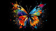 Colorful butterfly on black background with splashes illustration. Generative AI