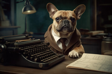 A dog in a suit and a typewriter. AI generative.