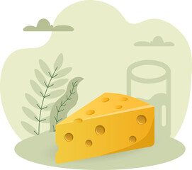 Cheese illustration. Holes, triangle, product, piece, dairy. Editable vector graphic design.