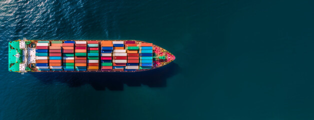 Poster - banner captures cargo container ship sailing across ocean, loaded with containers, freight shipping