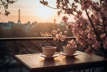 Cup Of Coffee Cappuccino Latte With Paris Eiffel Tower View In The Spring. Abstract, Relax Vintage Style Background Generative AI