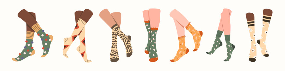 Legs and trendy socks. Variety of female and male cotton colorful long and short socks. Modern sock collection for special occasion. Hand drawn vector illustration for web banner, page header design.