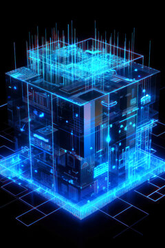 Digital image of a future building. 3d rendering picture isolated on black backdrop. Generative AI.