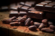Cocoa beans and a piece of dark chocolate.