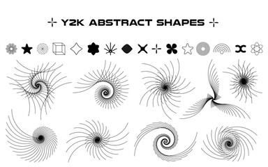 Poster - Set of abstract aesthetic y2k geometric elements and wireframe shapes. Black and white retro line design elements. Vector illustration for social networks or posters. EPS 10	