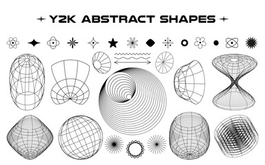 Poster - Set of abstract aesthetic y2k geometric elements and wireframe shapes. Black and white retro line design elements. Vector illustration for social networks or posters. EPS 10	