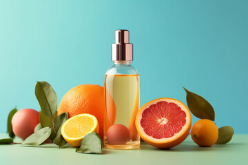 A bottle of citrus serum on a background of fruit, created by a neural network, Generative AI technology