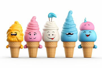 3d illustration of colorful ice cream character in waffle cone with funny faces generative ai