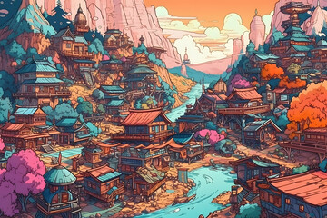 Wall Mural - Illustration of a Serene Village at  Day. Generative AI