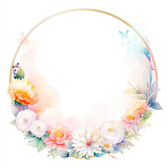 Watercolor circle frame with flower border. Generative AI.