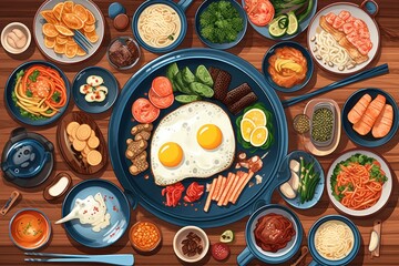 Illustration of a korean Korea food table from top flat vector design