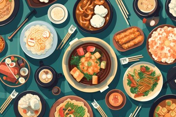 Illustration of a chinese China food table from top flat vector design