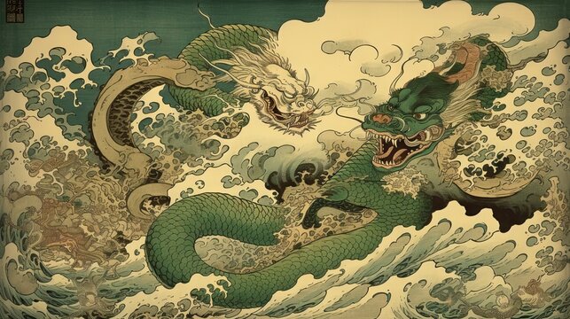 Wall Mural -  - Japanese traditional Ukiyoe brown and green dragon in clouds with fantastic and paranormal atmosphere Abstract, Elegant and Modern AI-generated illustration