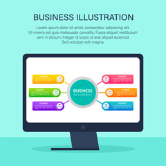 Poster - business infographic illustration, chart with icons step elements. abstract background with parts, o
