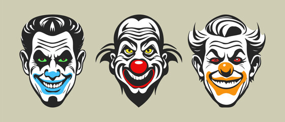 Wall Mural - Vector set of graphic sinister laughing scary red-nosed clown heads. Stickers, icons or badges. Light isolated background.