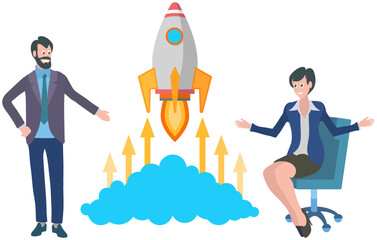 Poster - couple discussing new project plan. man and woman brainstorming with rocket poster. presentation of 