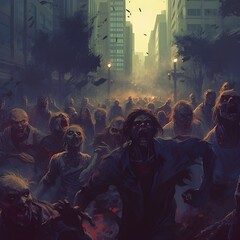 Zombie horde. Zombie apocalypse scene. Lofi, Lo-fi Art Style, Generative ai
